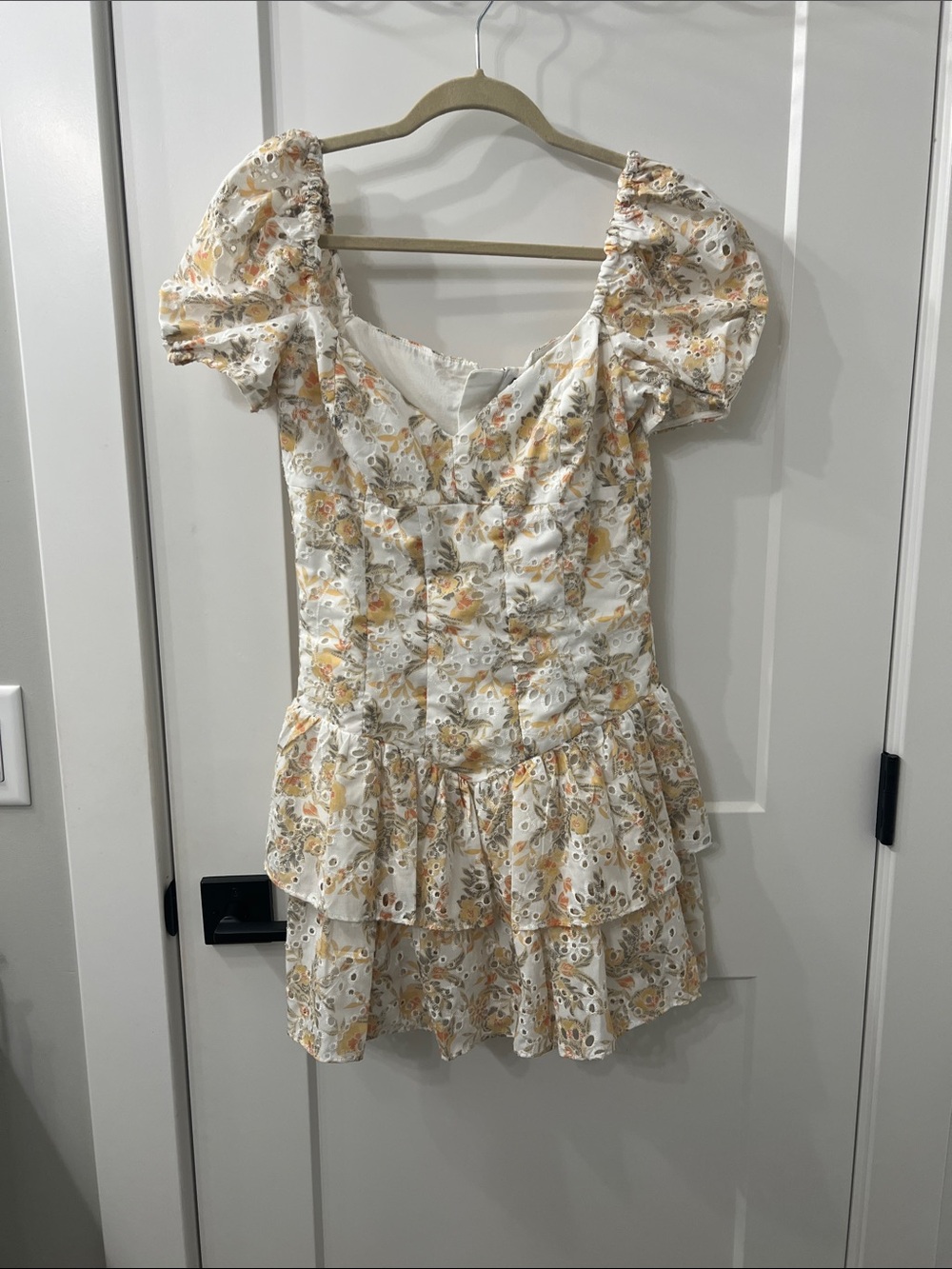 Bardot Cream Eyelet Dress with Yellow and Orange Floral Print